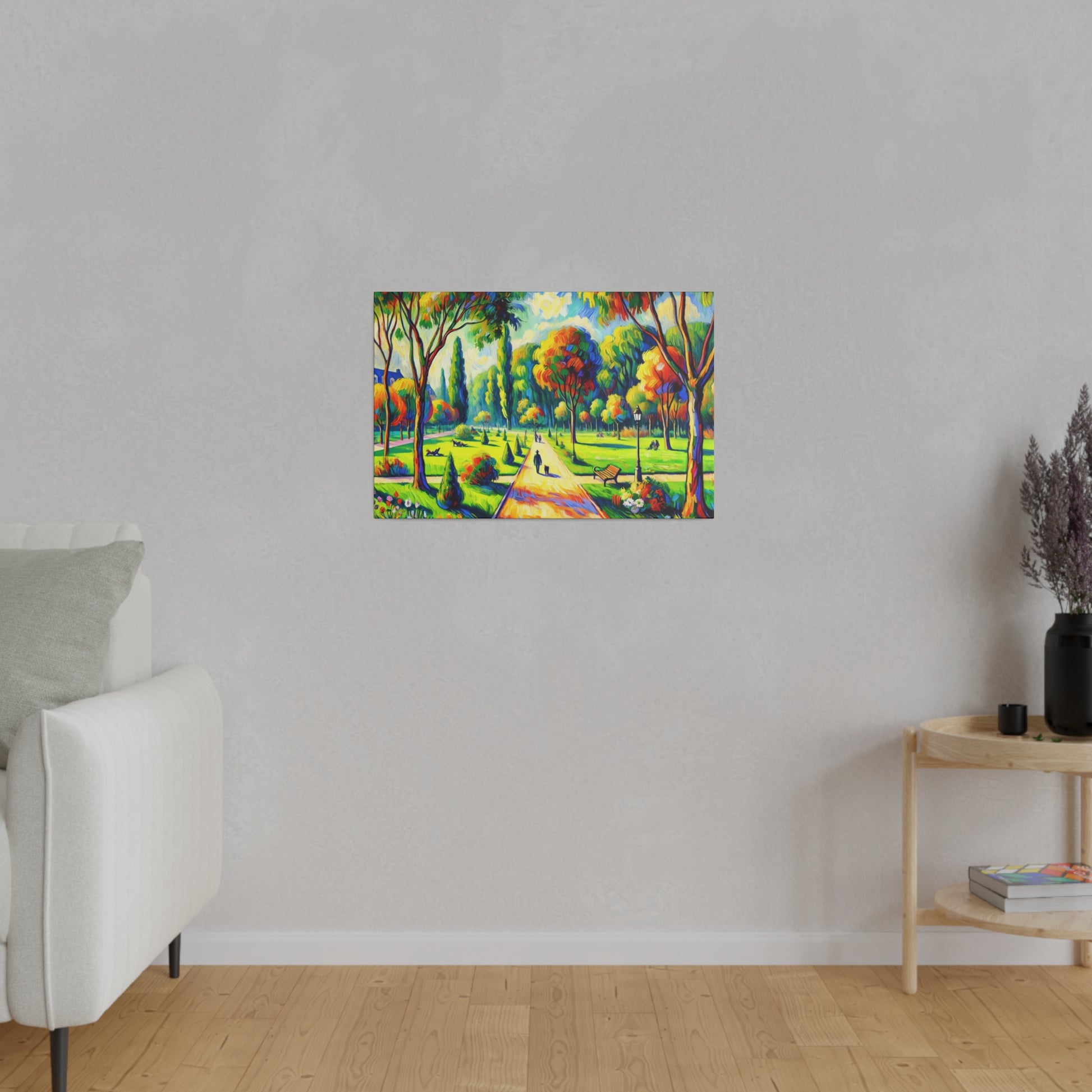 Colorful landscape painting of a park with a path, trees, and benches on a light gray wall.