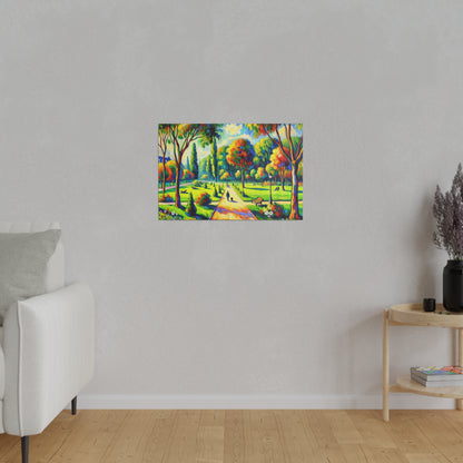 Colorful landscape painting of a park with a path, trees, and benches on a light gray wall.