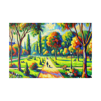 Colorful park scene painting with a central path, green lawns, trees in varied colors, benches, and a few people.