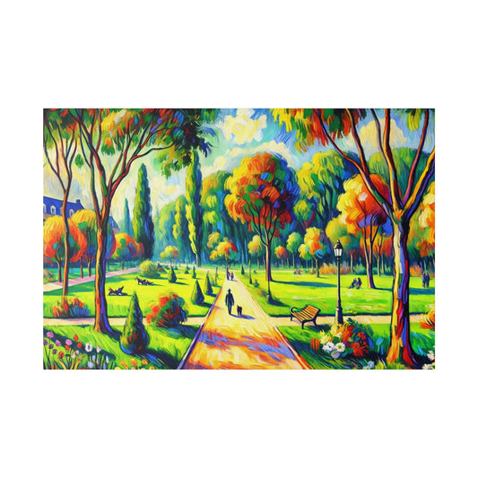 Colorful park scene; a yellow-brick path runs through lush green lawn with vibrant trees, benches, and visitors.
