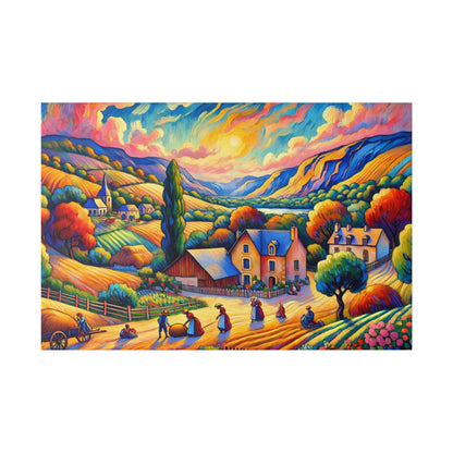 Vivid impressionistic landscape of a rural village with colorful hills, houses, trees, and villagers in a sunny valley.