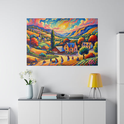 Colorful landscape painting depicting a rural village with hills, trees, houses, and villagers in a bright sunlit valley.