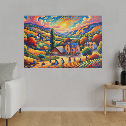 Vivid landscape painting showing a cheerful village among rolling hills, with colorful houses, trees, and people at work.