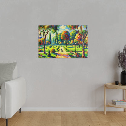 Colorful landscape painting of a park with bright trees, a central pathway, benches, and small figures walking.