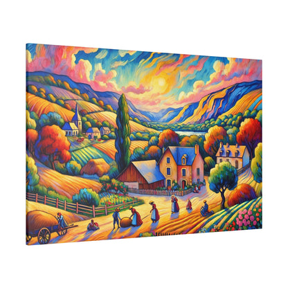 Bright, stylized landscape painting of a valley village with colorful fields, houses, trees, and people in the foreground.