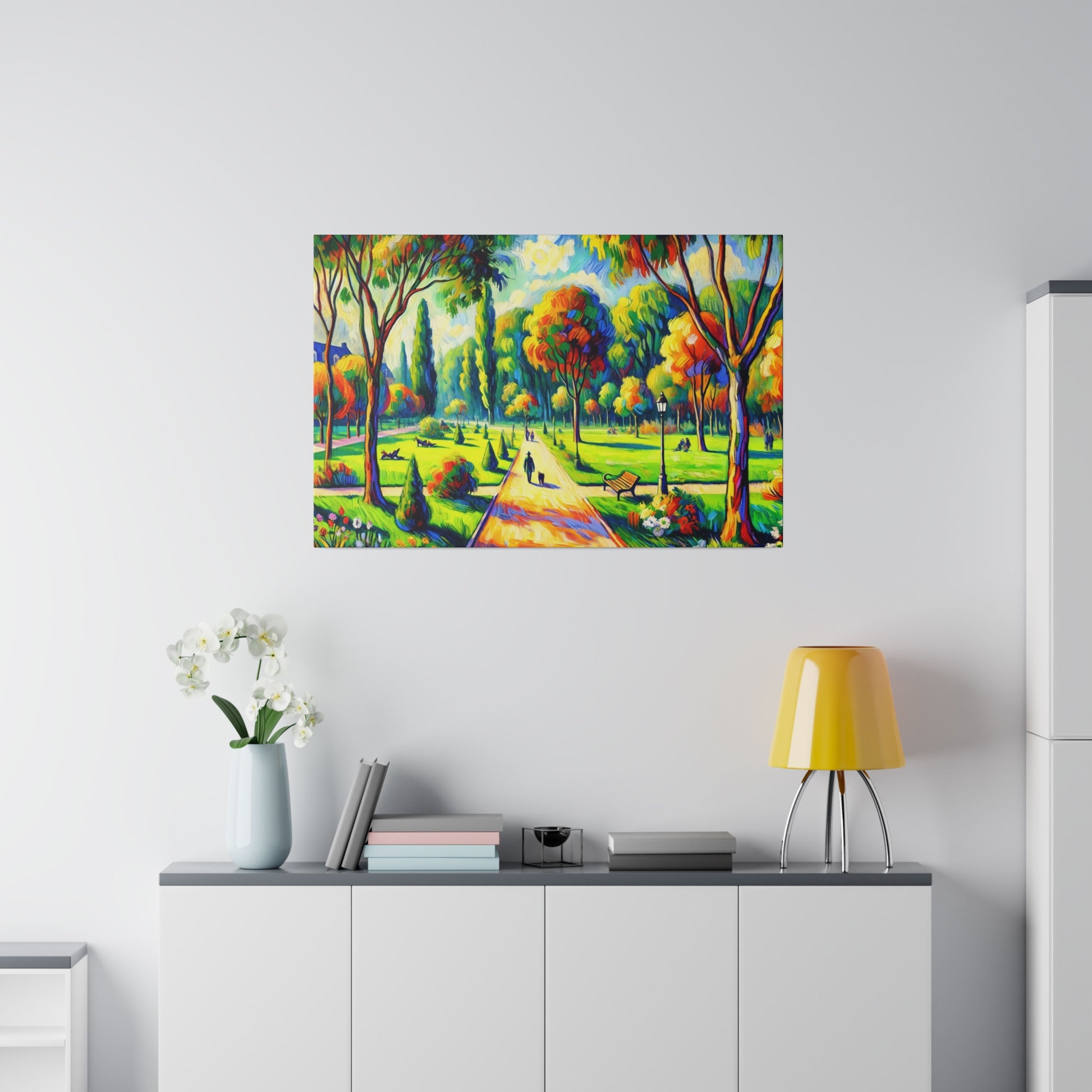 Colorful landscape painting of a park scene with vibrant trees, a path
