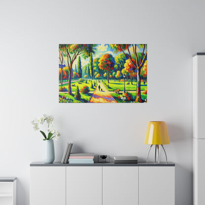Colorful landscape painting of a park scene with vibrant trees, a path