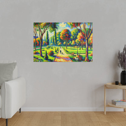 Colorful landscape painting of a park with trees, a central path, benches, and people, mounted on a light gray wall.