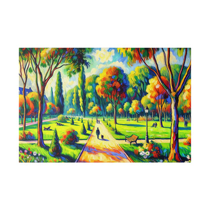 Colorful impressionist-style painting of a sunlit park with a central path, benches, and vibrant trees.