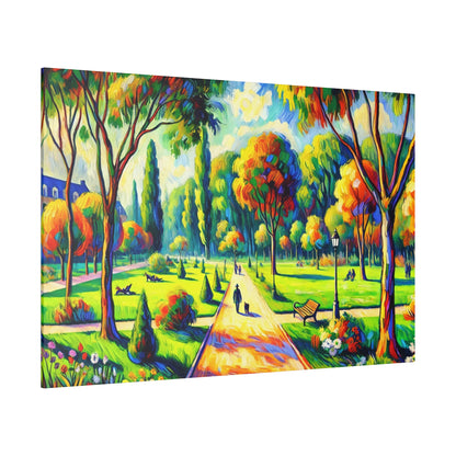 Bright, impressionistic park scene with a yellow central path, colorful trees, and benches.