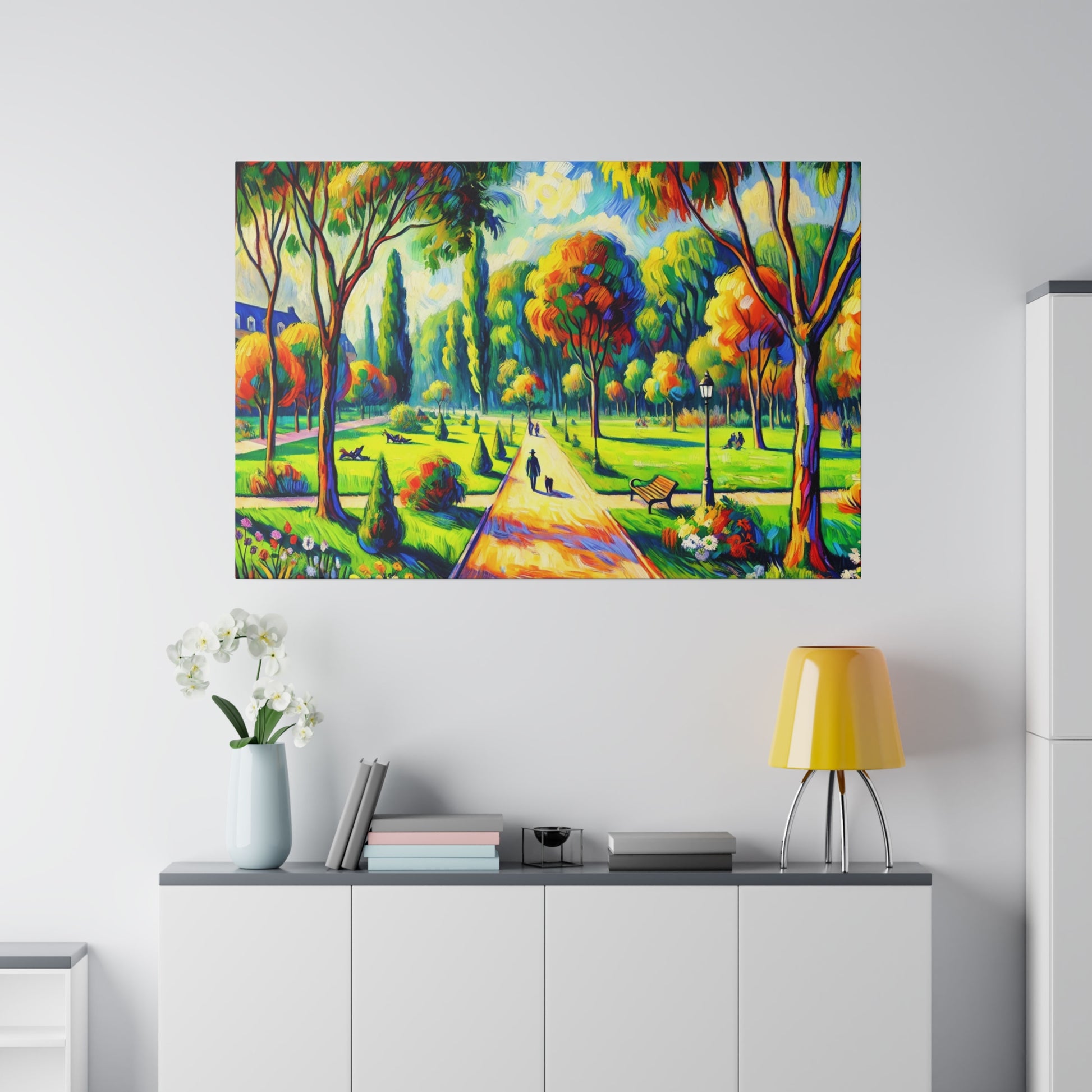 Colorful impressionist painting of a sunny park with a central walkway, trees, benches, and distant figures.
