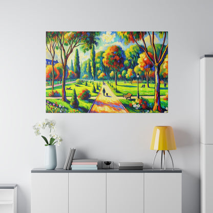 Colorful impressionist painting of a sunny park with a central walkway, trees, benches, and distant figures.
