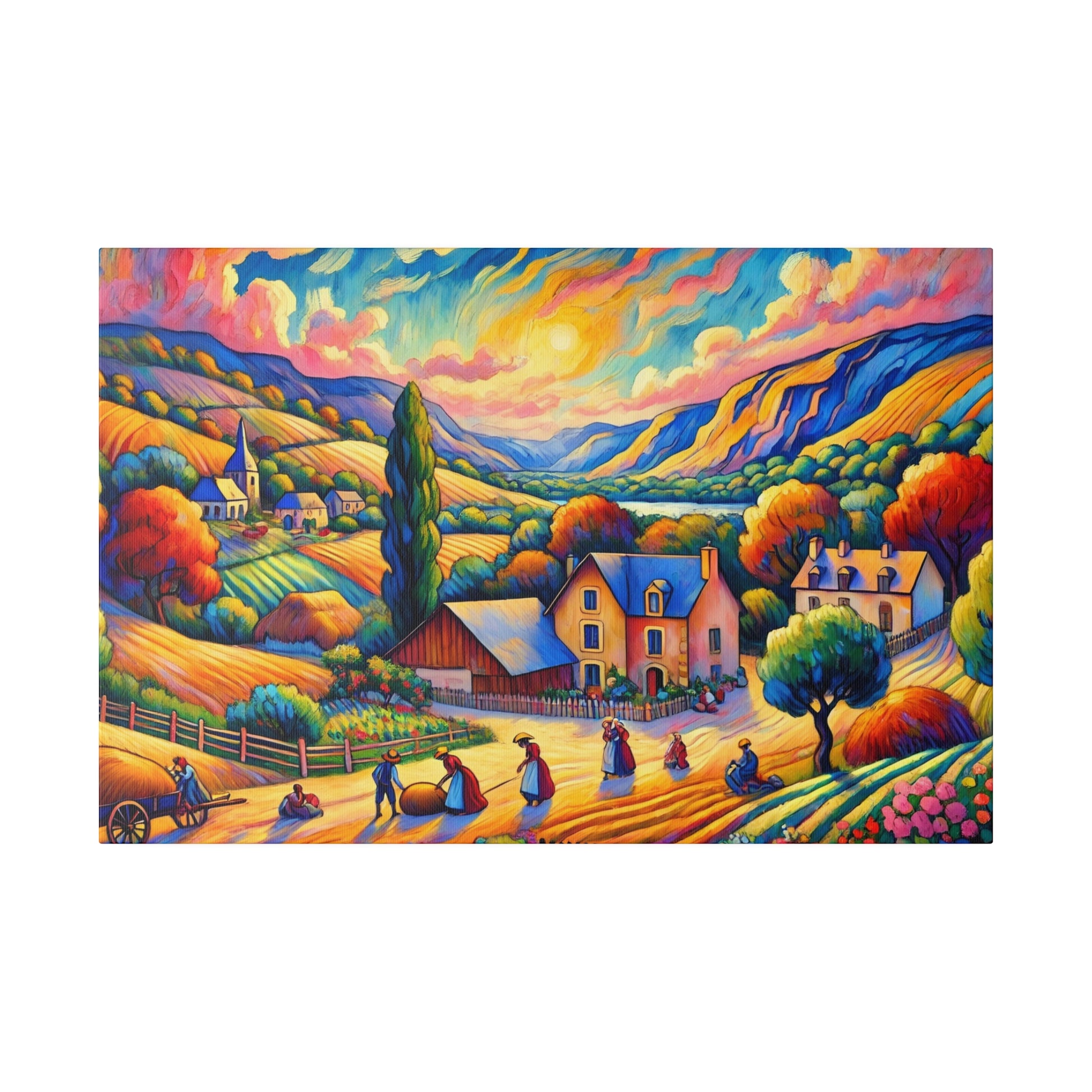Colorful landscape painting of a village with houses, rolling hills, and vibrant trees under a sunset sky.