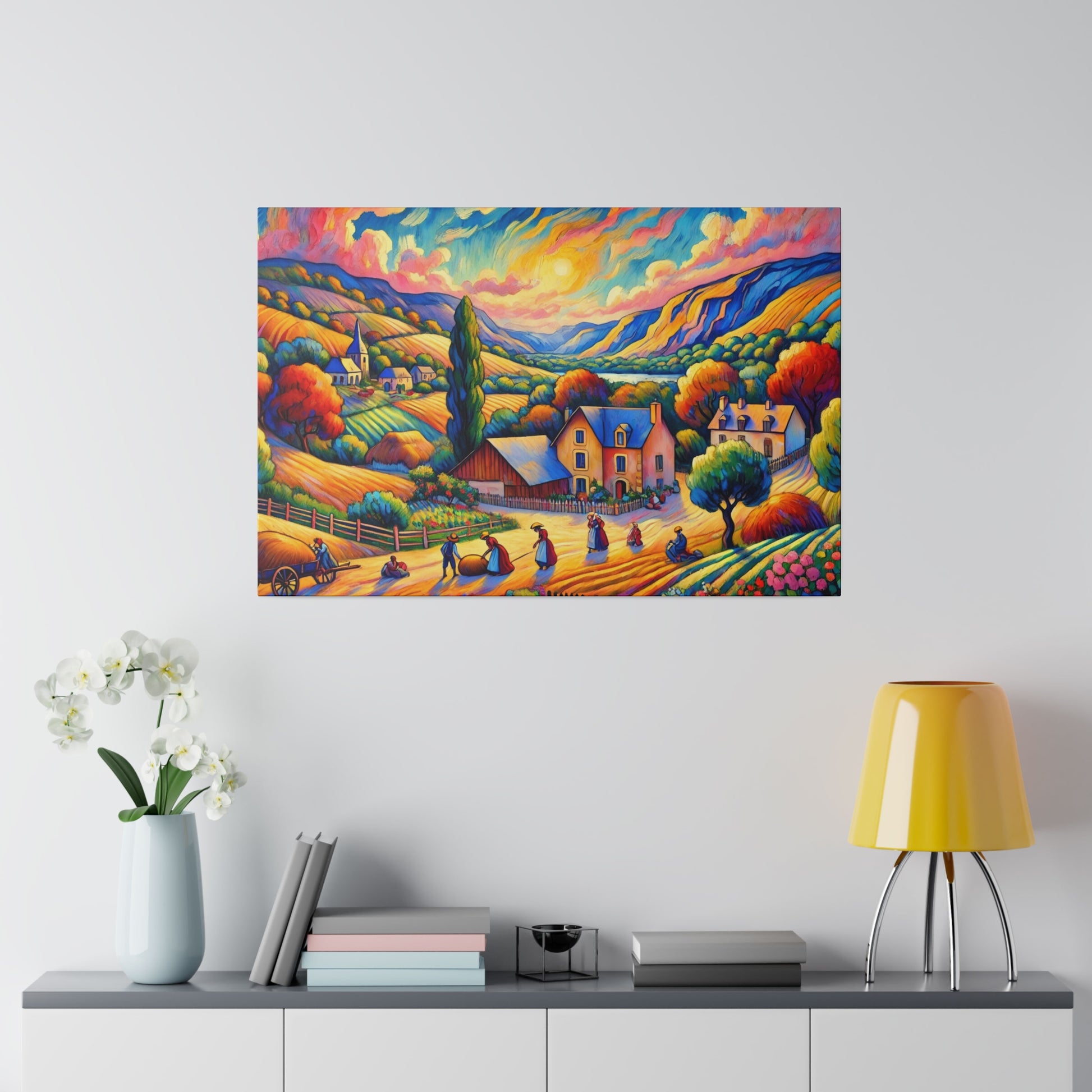 Colorful landscape painting of a countryside village with rolling hills, trees, and bright sunset skies.