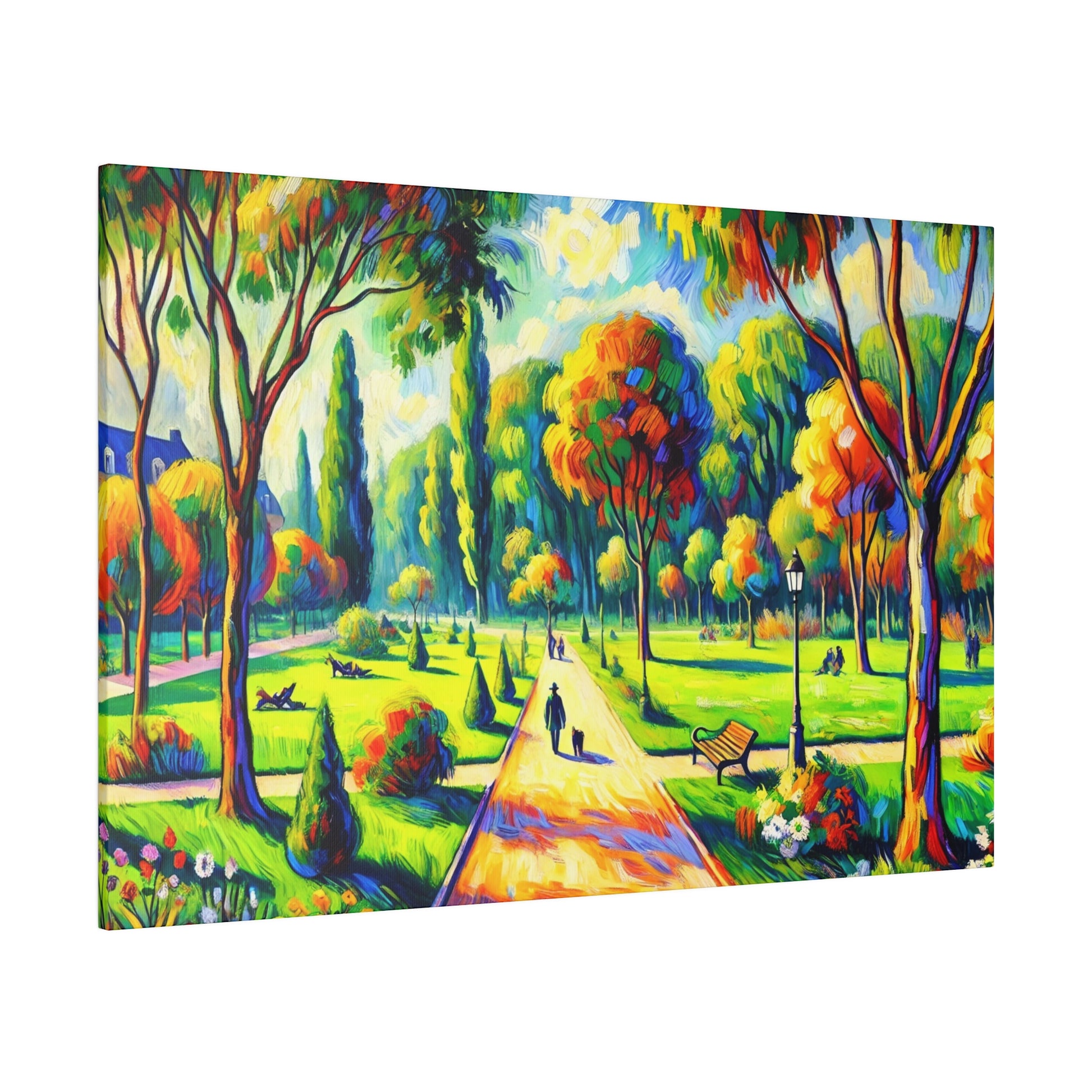 Colorful impressionist painting of a sunny park with a central path, vibrant trees, benches, and people strolling.