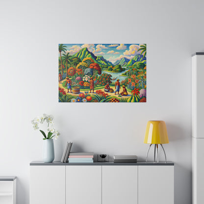 Colorful tropical landscape painting on a white wall depicting mountains, river, palm trees, flowers, and people.