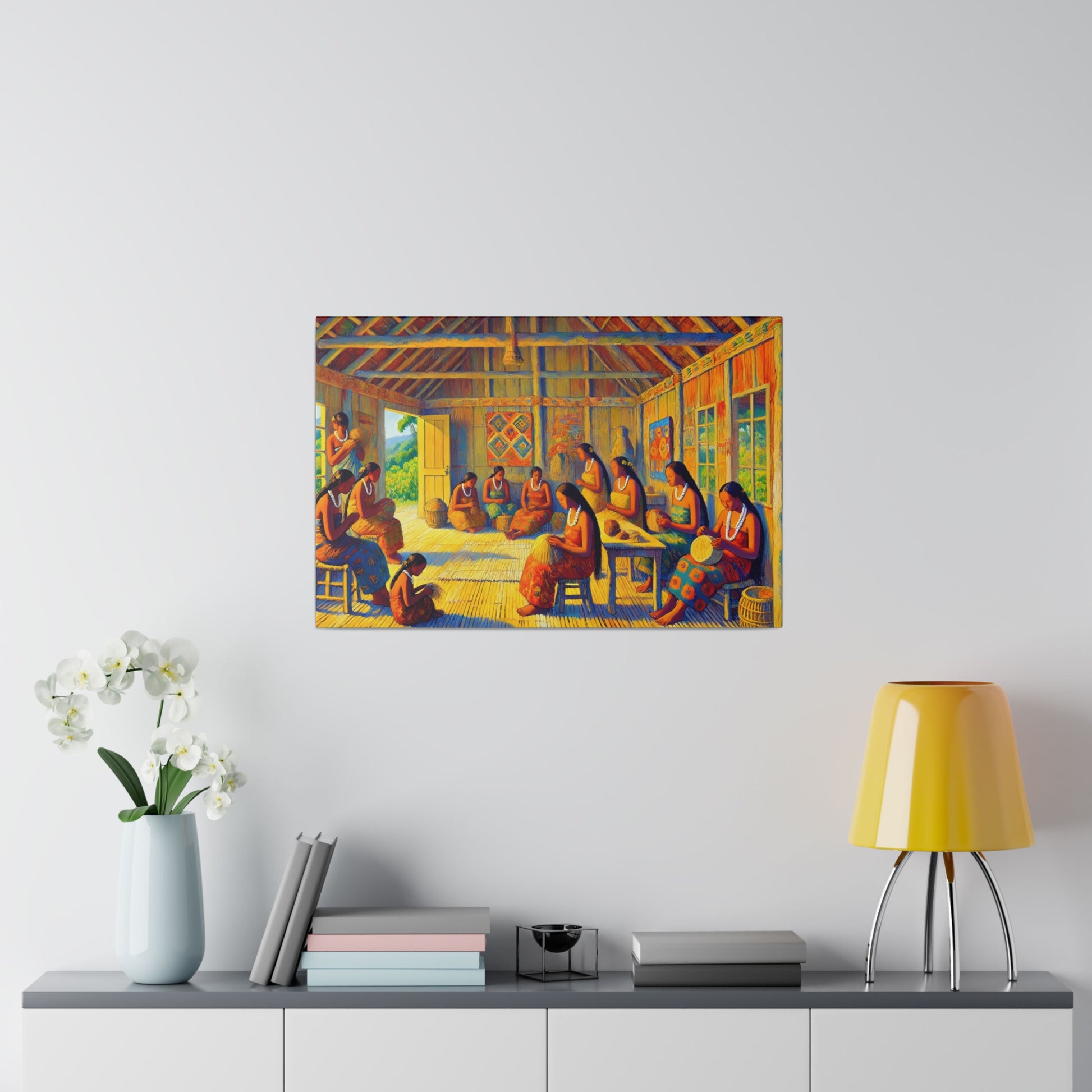 Colorful painting depicting a group of people seated and weaving in a rustic wooden room.