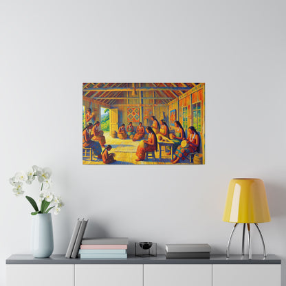 Colorful painting depicting a group of people seated and weaving in a rustic wooden room.