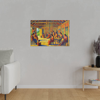 Colorful painting of people seated inside a thatched-roof room doing crafts; vivid yellows, reds, and blues.