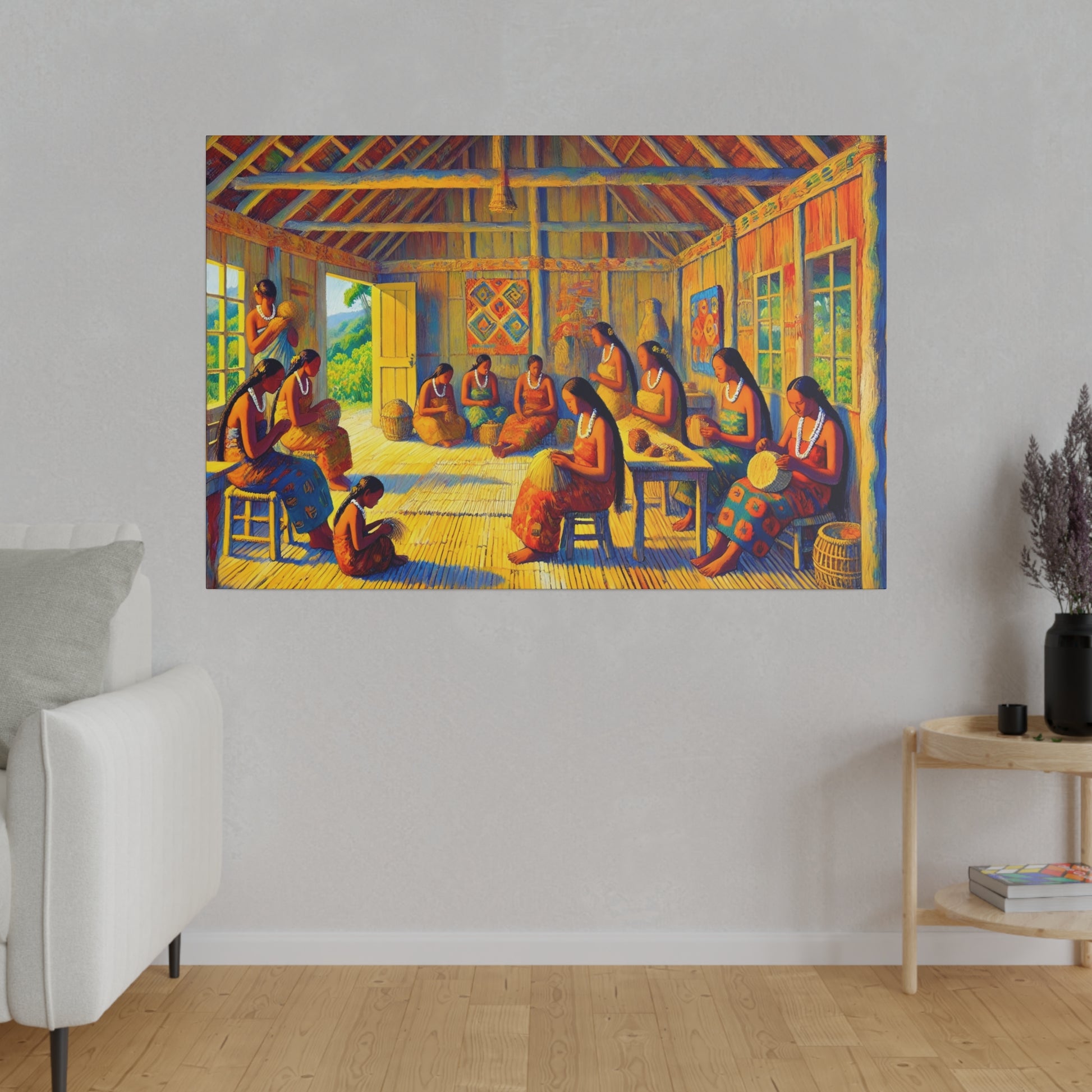 Vibrant painting of many women weaving inside a wooden hut, hung on a light gray living room wall.
