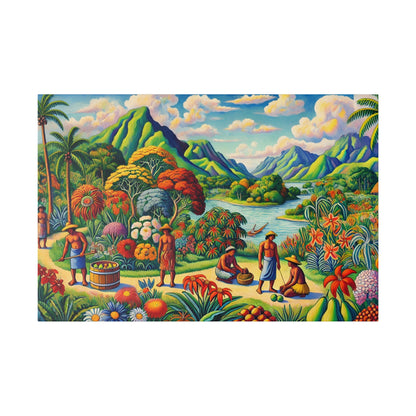 Colorful tropical landscape painting with mountains, river, and villagers harvesting fruit among lush flowers.