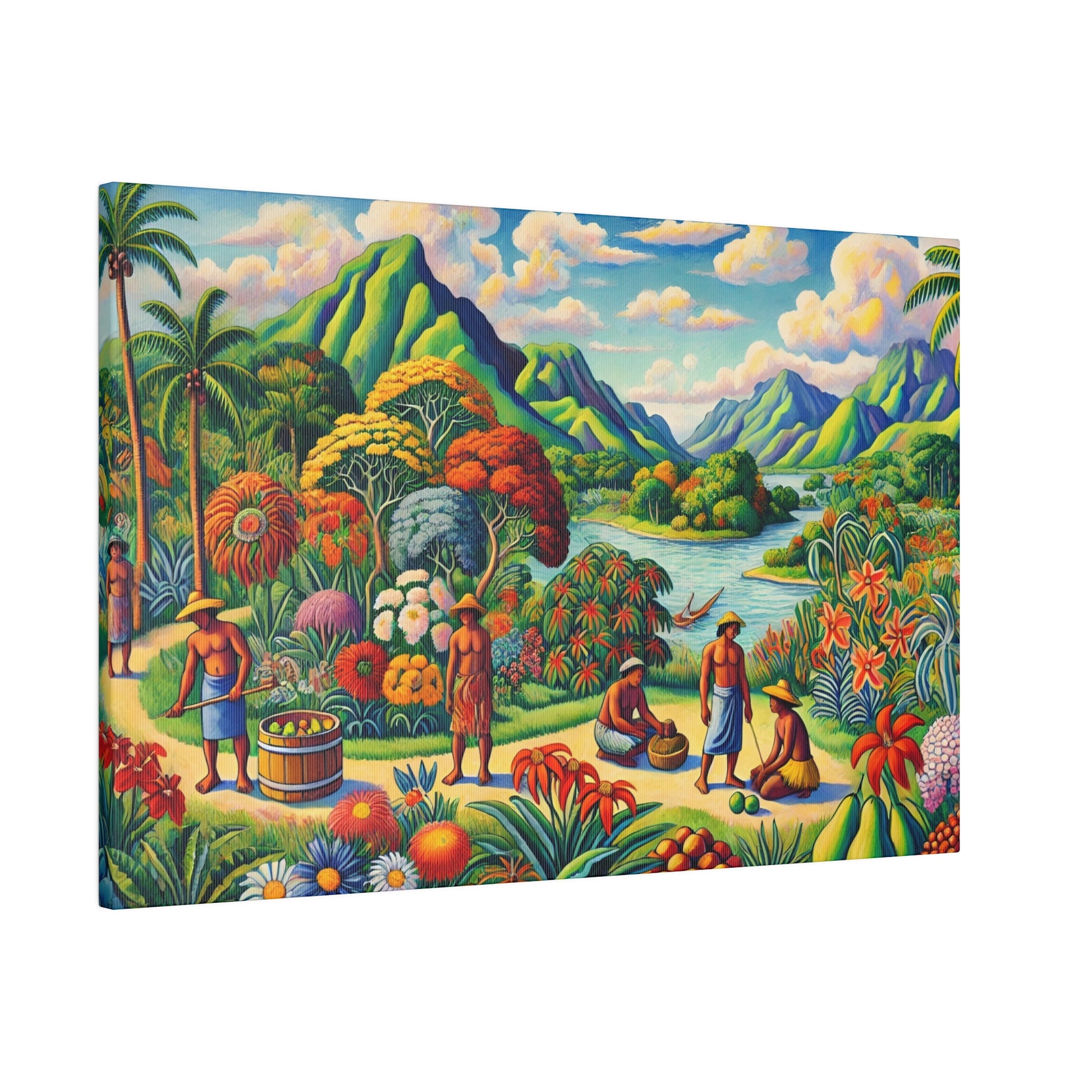 Vibrant tropical landscape painting with green mountains, a winding river, lush flora, and people gathering fruit.