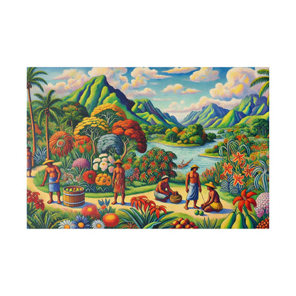 Colorful tropical landscape painting with green mountains, blue river, and villagers gathering fruit in a lush garden.
