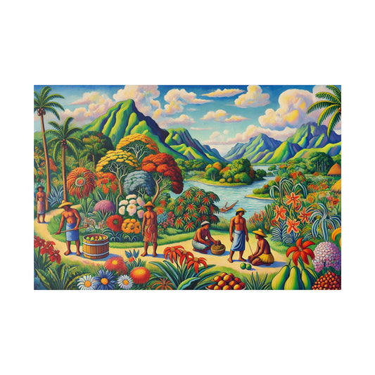 Bright tropical painting of villagers gathering fruit among lush trees, flowers, and palm trees with mountains and a river in the