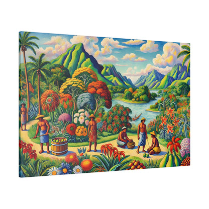 Colorful tropical landscape painting featuring green mountains, a winding river, and villagers gathering fruit among vibrant plants.