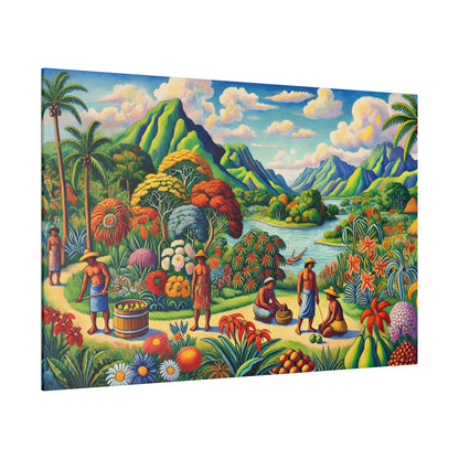 Colorful tropical landscape painting showing villagers gathering fruit along a river, with lush trees and mountains.