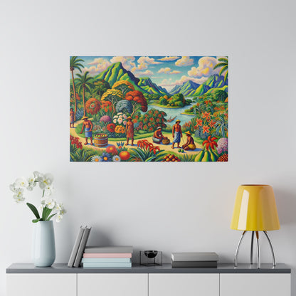 Bright, detailed painting of a tropical landscape with mountains, lush jungle, a river, and people gathering fruit.