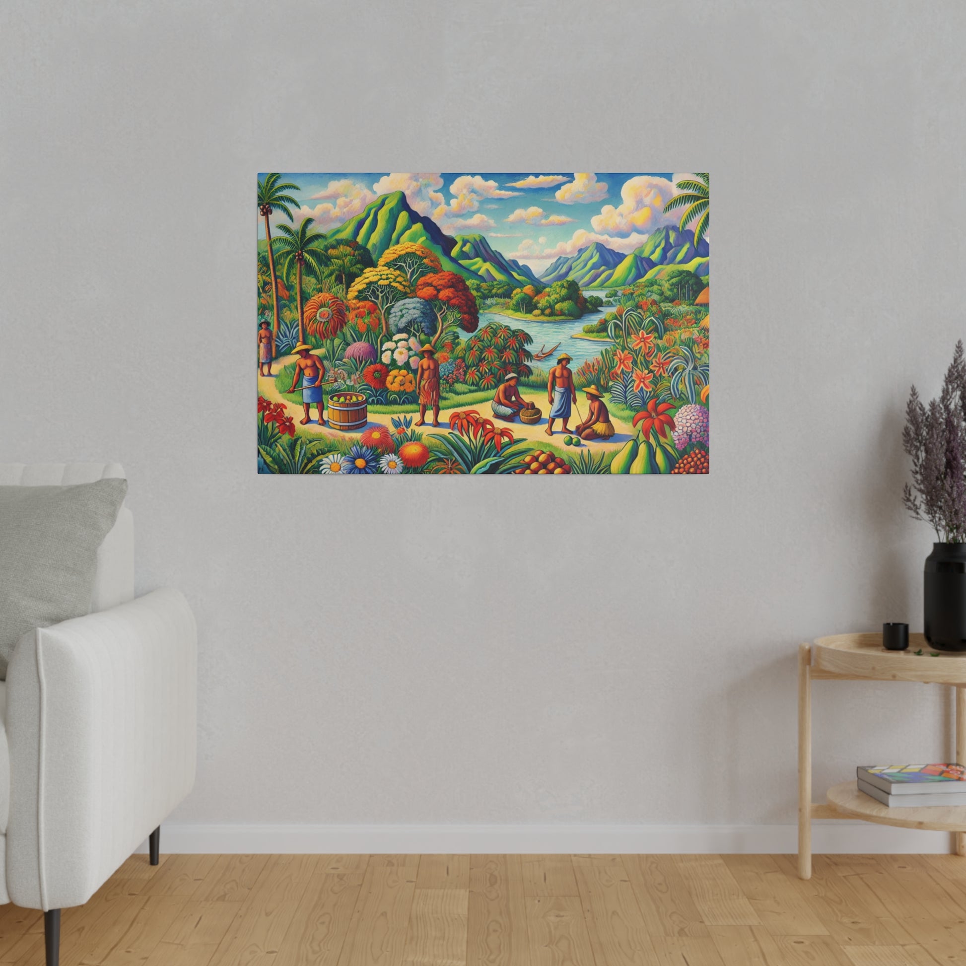 Colorful tropical landscape painting on a wall shows mountains, river, and people harvesting fruit.