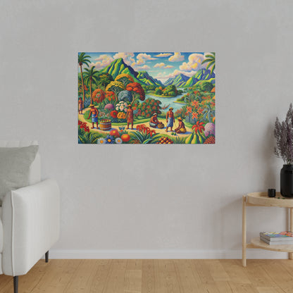 Colorful tropical landscape painting on a wall shows mountains, river, and people harvesting fruit.