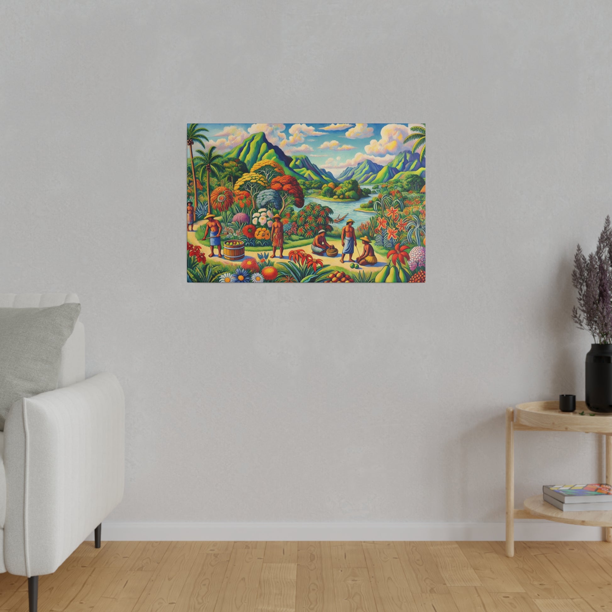 Colorful landscape painting depicting a tropical garden scene with mountains, river, and people in bright clothing on a light gray wall.
