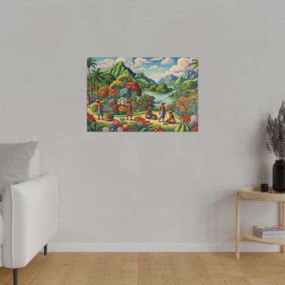 Colorful landscape painting depicting a tropical garden scene with mountains, river, and people in bright clothing on a light gray wall.