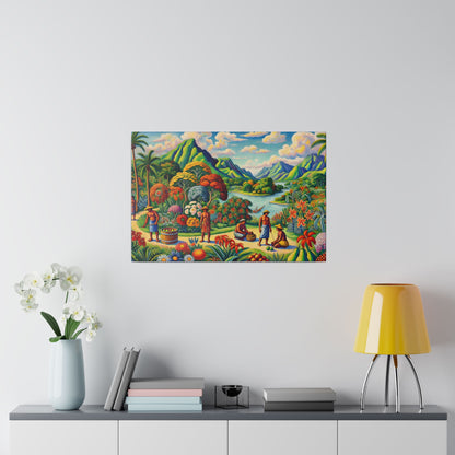 Colorful tropical landscape painting with mountains, river, lush plants, and people in a vibrant garden scene hanging on a white wall.
