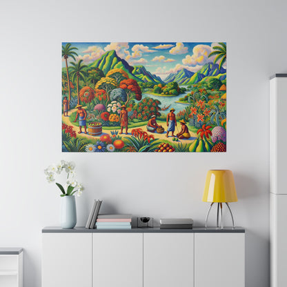 Vibrant tropical landscape painting with mountains, river, and people in a lush garden, mounted on a white wall above a cabinet.