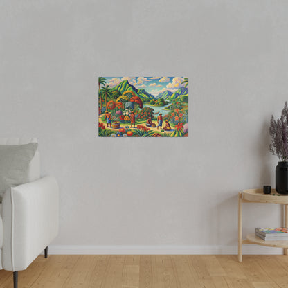 Colorful tropical landscape painting with mountains, trees, and people mounted on a light gray wall above a wooden floor.