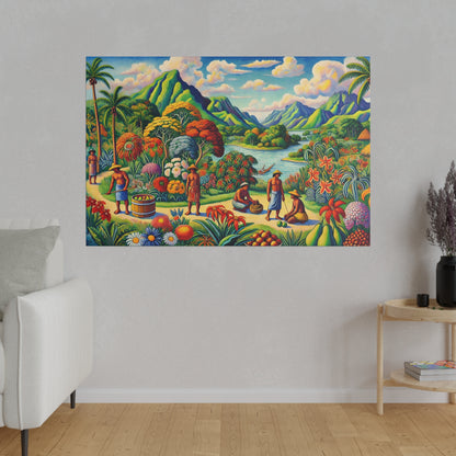 Colorful tropical landscape painting with mountains, river, and villagers harvesting fruit in lush jungle.