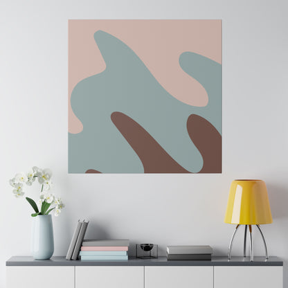 Abstract geometric print with peach background and overlapping blue, pink, and brown organic shapes.