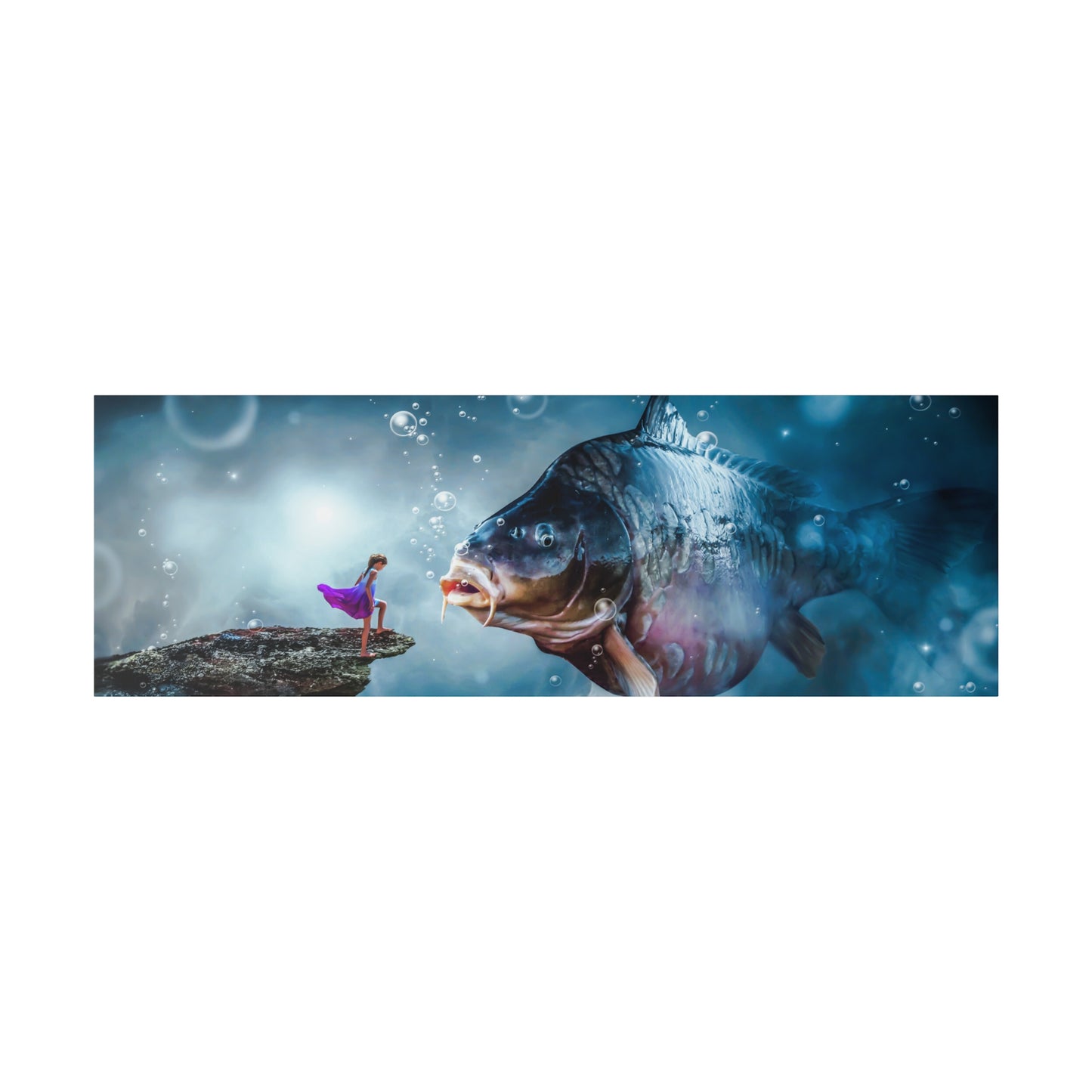 A whimsical underwater scene where a girl stands on a rock, meeting a giant fish. The setting is surreal and filled with bubbles, creating a dreamlike atmosphere.