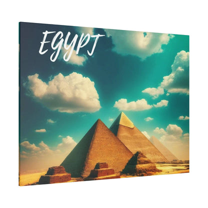 Canvas art showing the pyramids of Giza under a teal sky with white clouds, and the word “EGYPT” in white script at the top.