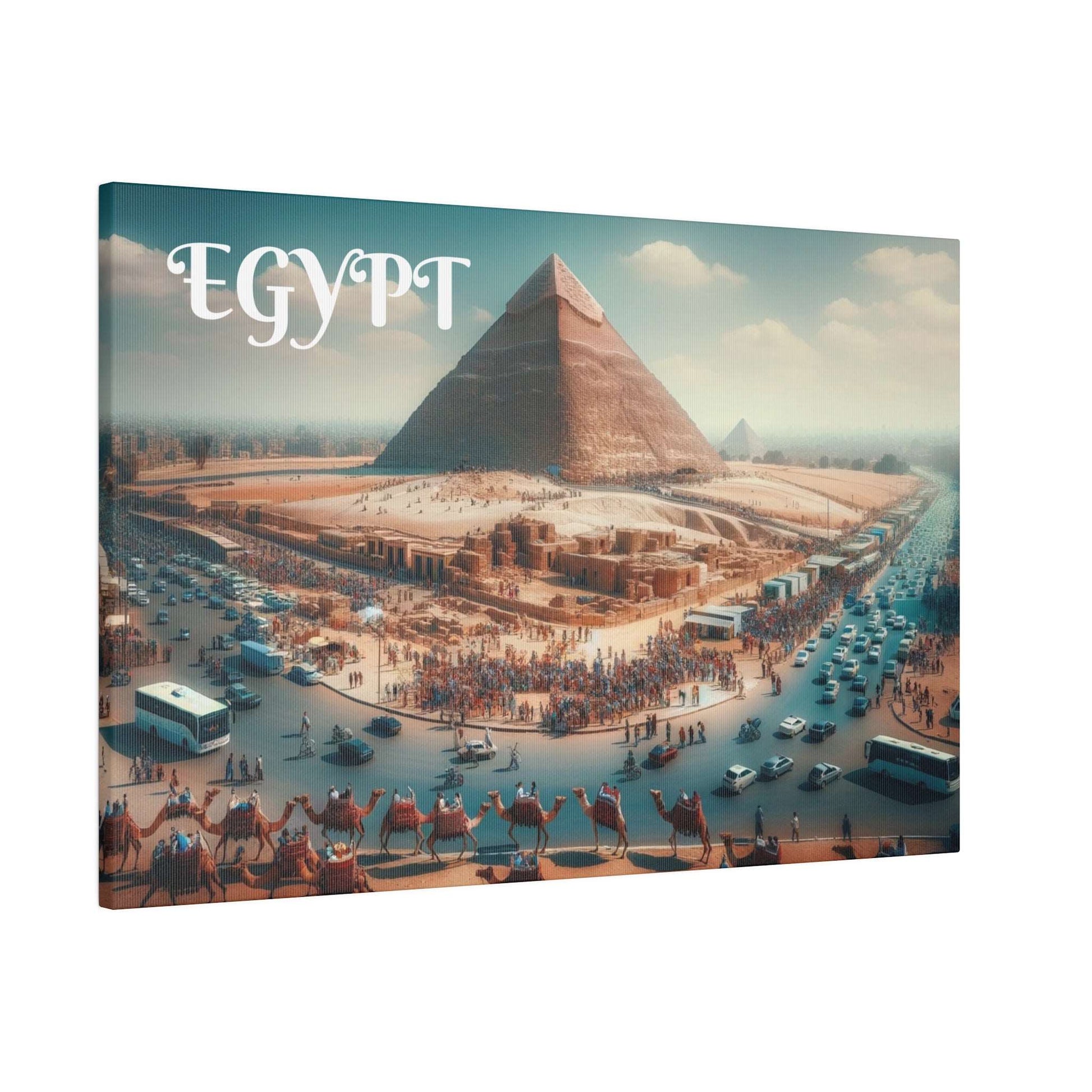 Canvas art depicting the Great Pyramids of Giza with crowds, camels, and busy roads in a desert scene.