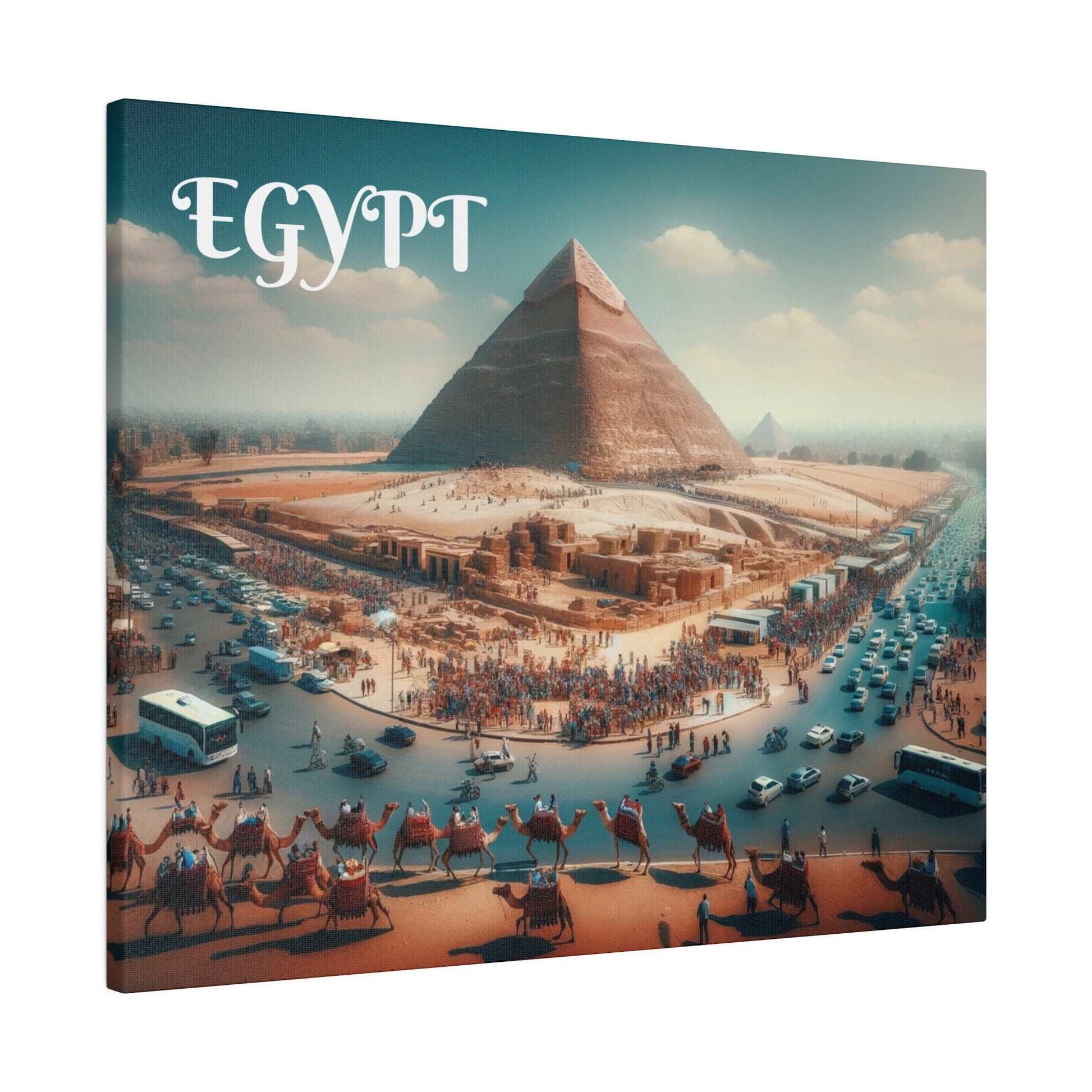 Aerial view of the Great Pyramid of Giza with crowds around the base and a busy street scene.