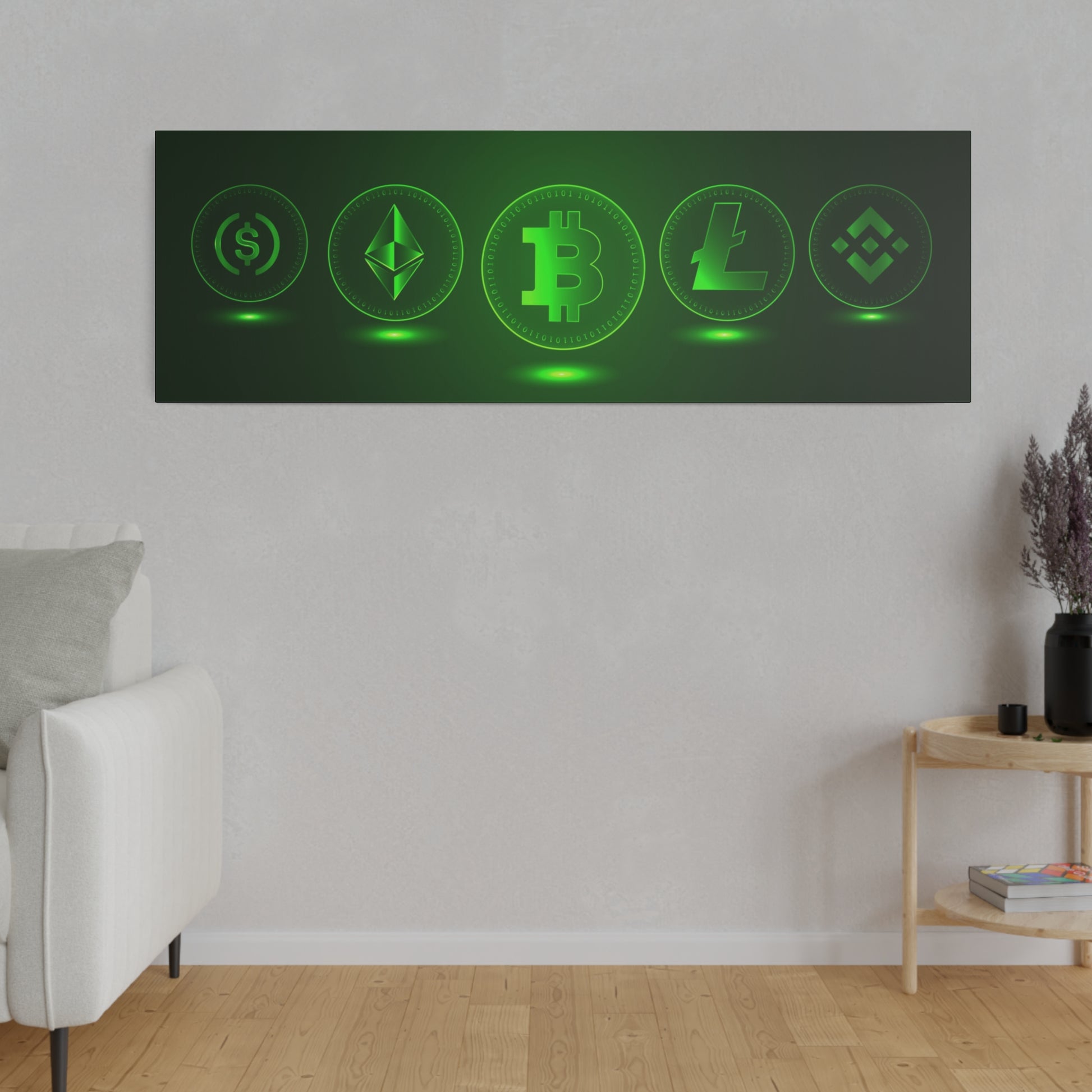 Rectangular wall art with glowing green cryptocurrency symbols (dollar, Ethereum, Bitcoin, Litecoin, Binance) on a dark green background.