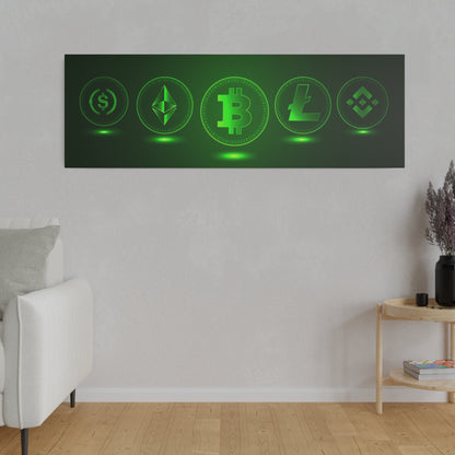 Rectangular wall art with glowing green cryptocurrency symbols (dollar, Ethereum, Bitcoin, Litecoin, Binance) on a dark green background.