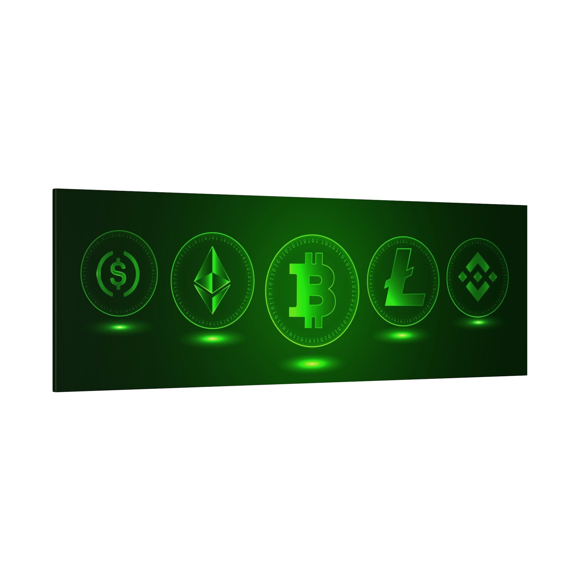 Long green panel displaying glowing cryptocurrency coins (USD, Ethereum, Bitcoin, Litecoin, Binance) in a row.