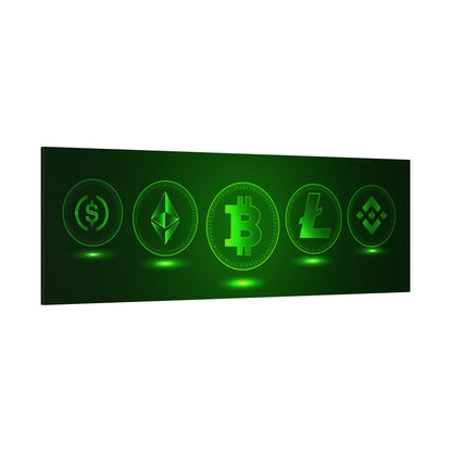 Long green panel displaying glowing cryptocurrency coins (USD, Ethereum, Bitcoin, Litecoin, Binance) in a row.