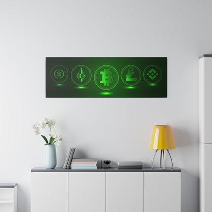 Rectangular wall art with glowing green crypto coin logos on a dark background above a white cabinet.