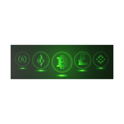 Green neon banner displaying five glowing crypto coins: dollar, Ethereum, Bitcoin, Litecoin, and Binance Coin.